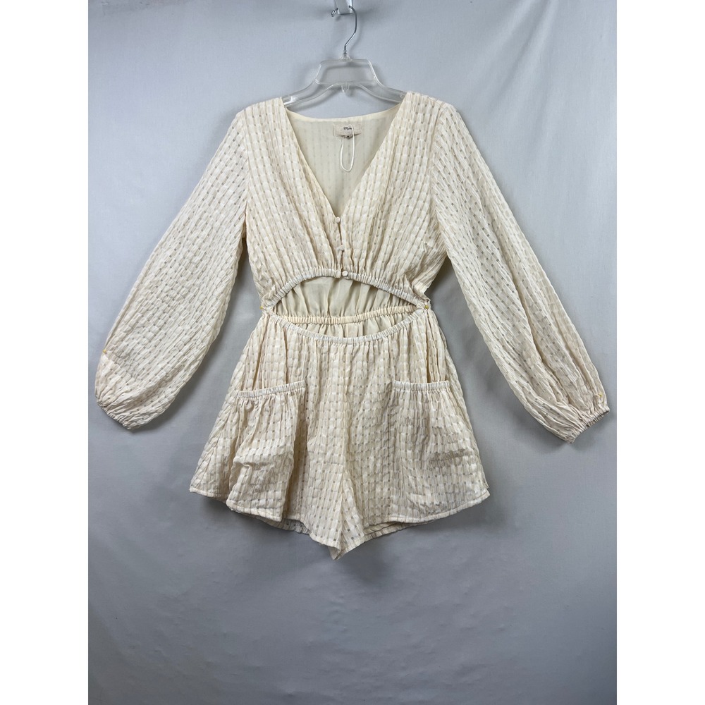 Mable Romper Womens Medium Cream Textured Grid Cutout Long Sleeve Beach Party